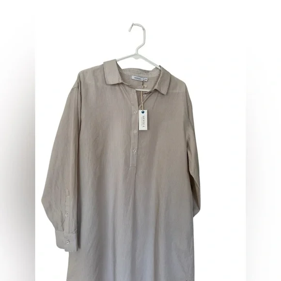Mersea Essential Collar Popover Shirt Dress Beige White Stripes Size L/XL